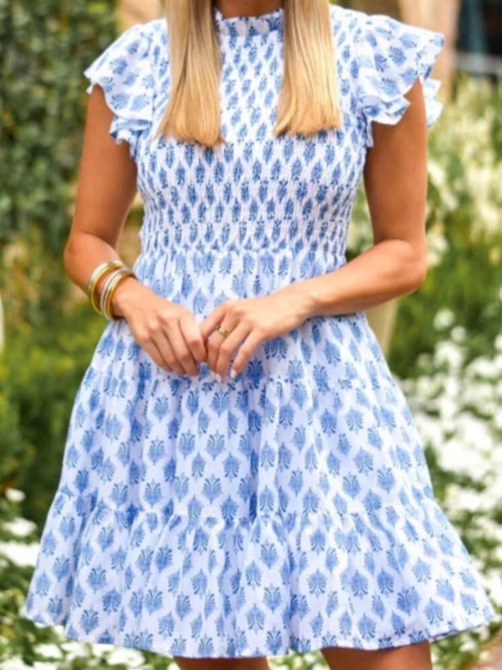 J. Marie Annabelle Ruched Flutter Sleeve Dress Blue White Printed